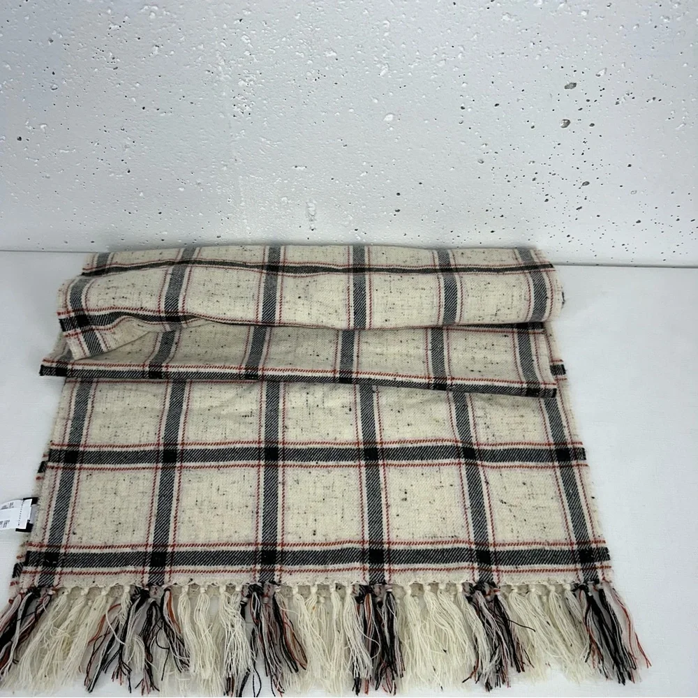 Madewell Speckled Cream Black & Red Plaid Scarf Wrap 21.5 x 74”